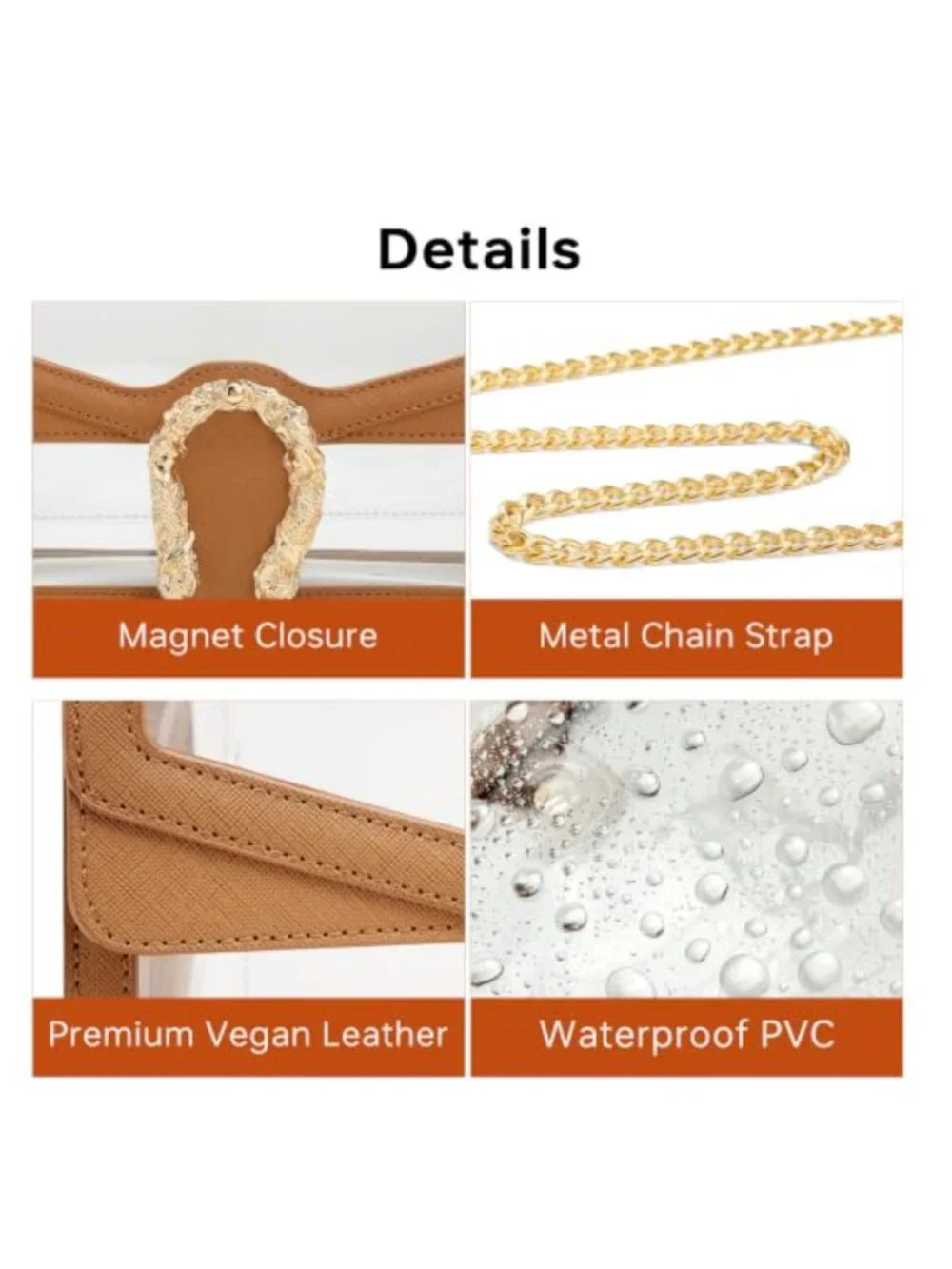 Clear Crossbody Bag Stadium Approved PVC Vegan Leather Adjustable Gold Chain